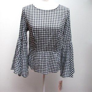Nanette Lepore Bell Sleeved Top Black & White Gingham Cotton Size Small NWT